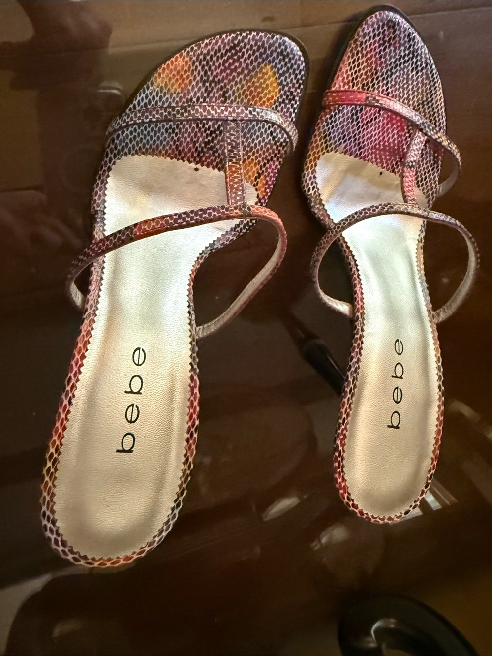 VTG bebe Women's Multi-Color Snakeskin-Print Leather Strappy Heels Size 7.5 NEW - Picture 16 of 16
